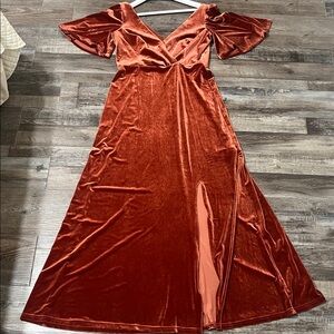 Rust Velvet Maxi Dress Size 12 Flutter Sleeves